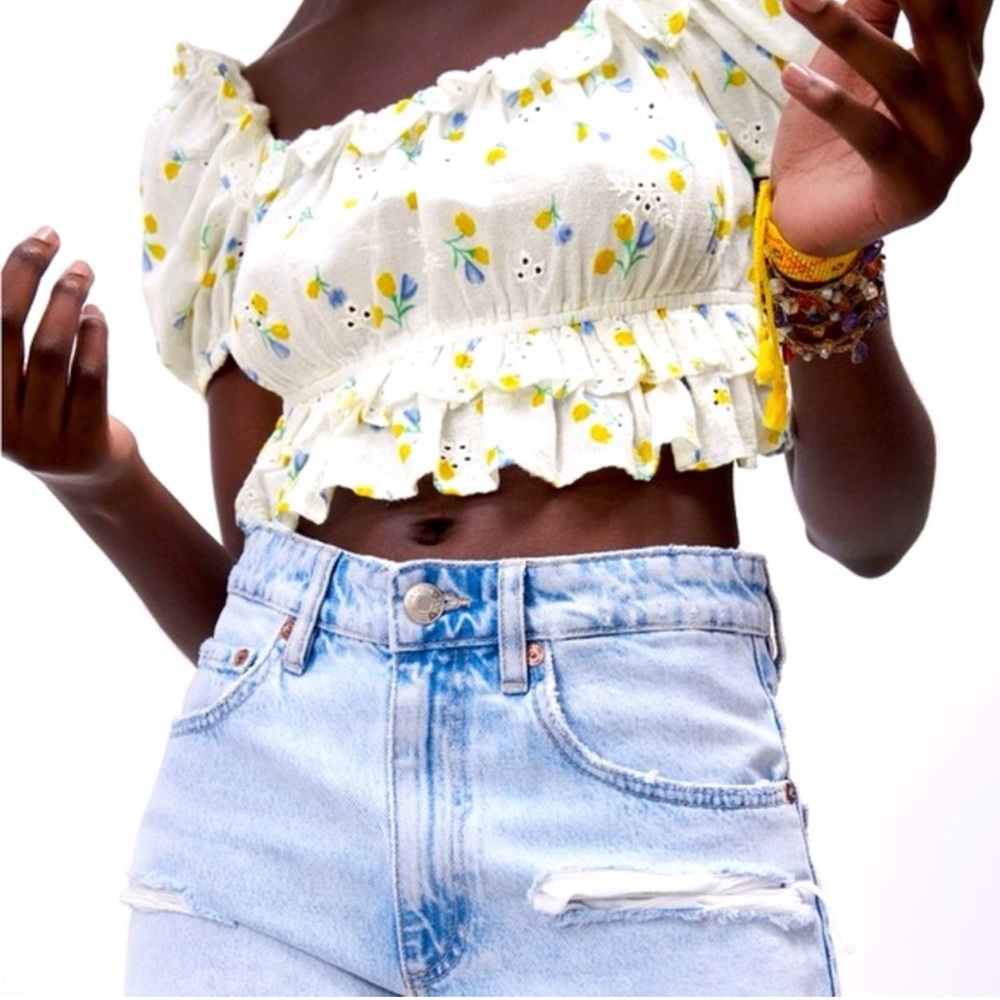 Zara Embroidered Floral Crop Off-Shoulder Top XS